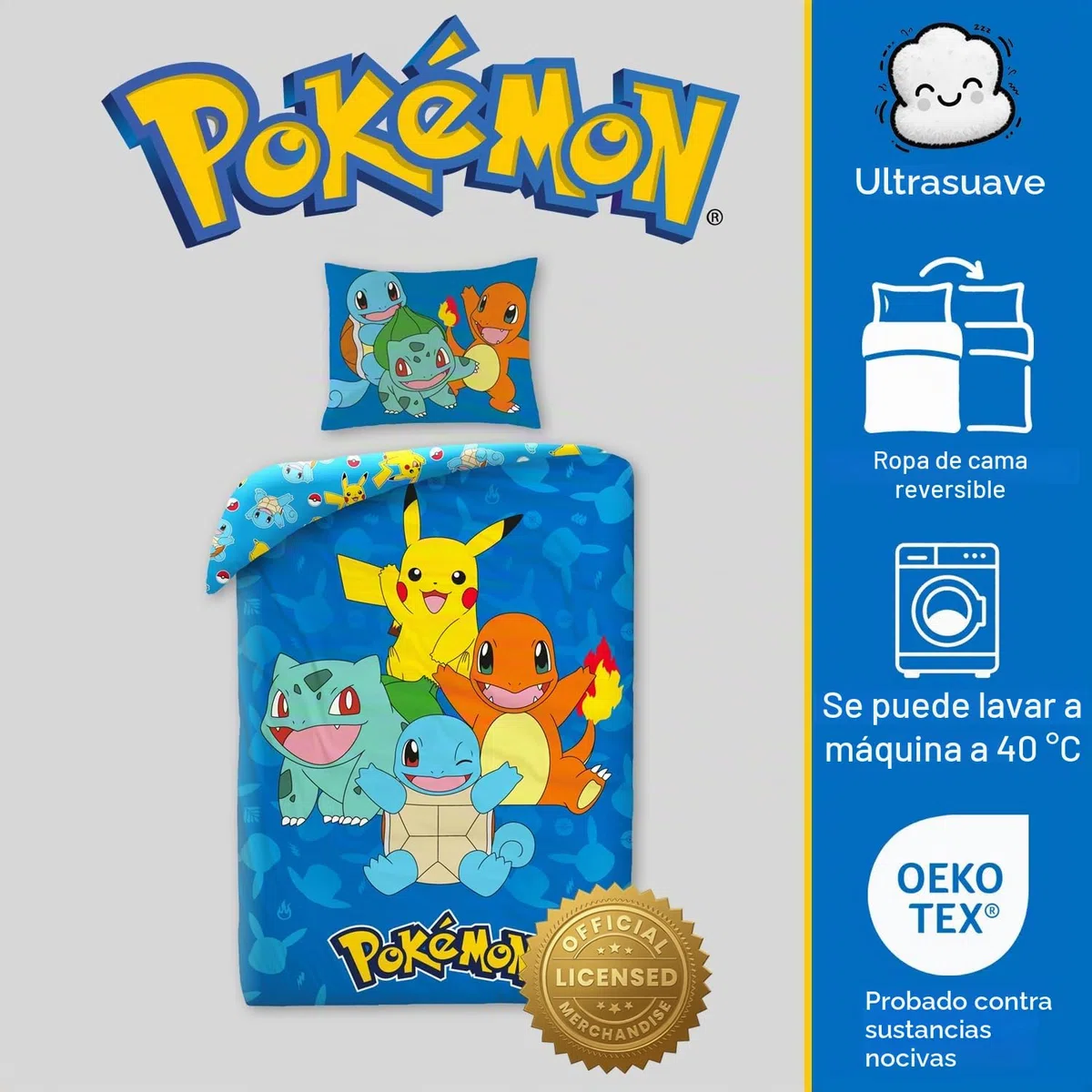 Juego de ropa de cama Pokémon 135x200 + 80x80 · Pikachu, Glumanda, Schiggy & Bisasam · 2 piezas funda nórdica + funda de almohada · Tamaño alemán