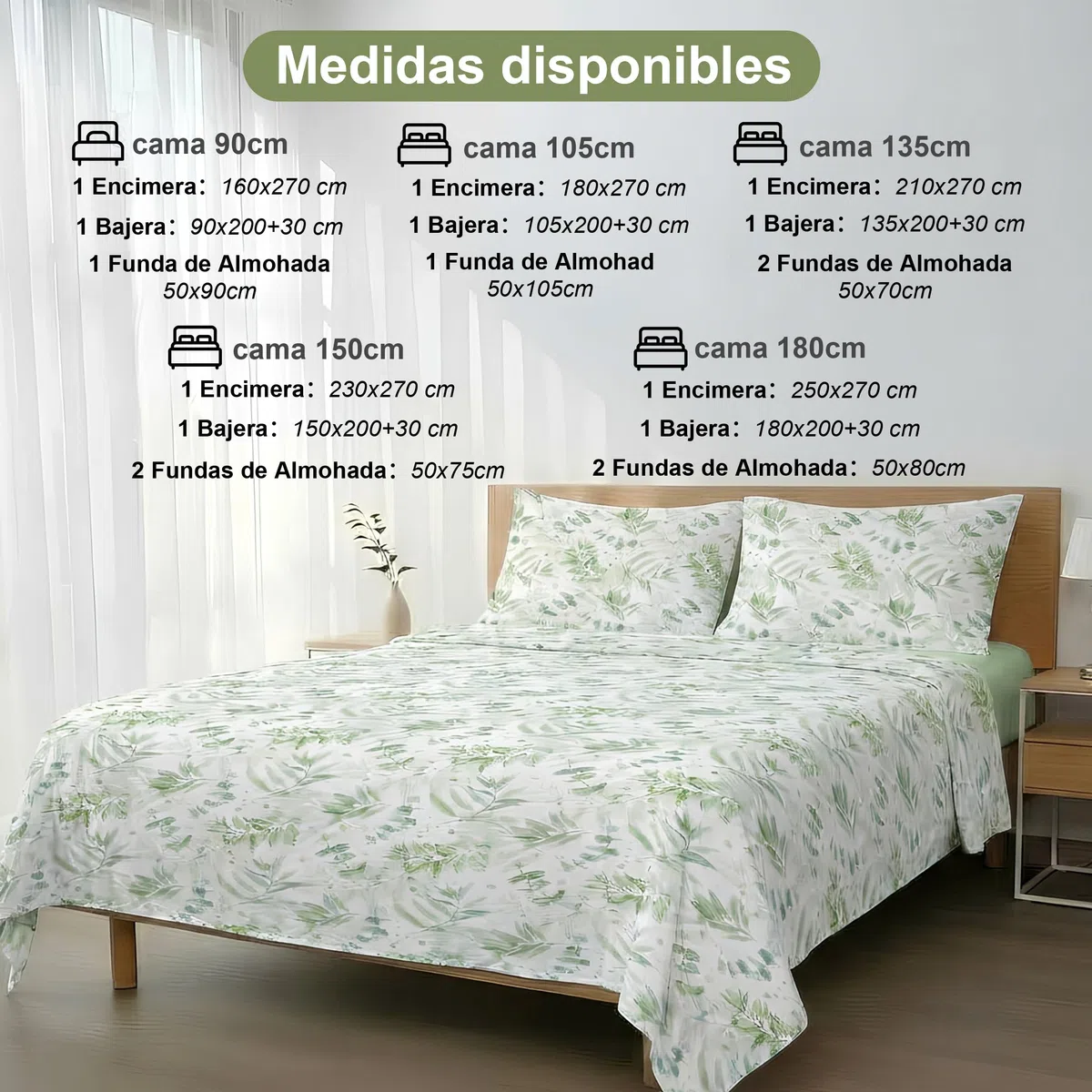 Etrexonline Juego de Sábanas 4 Piezas para Cama de 150 cm - Microfibra Suave y Transpirable, Incluye 1 Bajera Ajustable, 1 Encimera y 2 Funda de Almohada - Color Hojas Verdes Acuarela