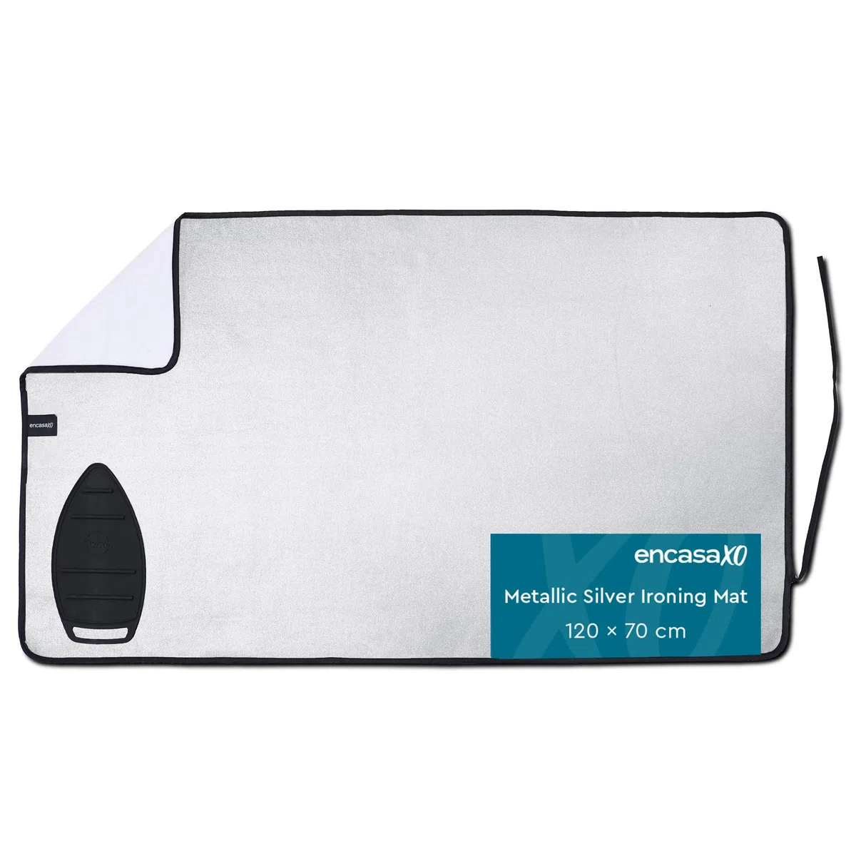 Encasa XO Alfombrilla de Planchar - Plata Metálica (Grande 120x70 cm) con Acolchado de Espuma de 5mm y Soporte de Plancha de Silicona para Planchar a Vapor sobre la Mesa o la Cama