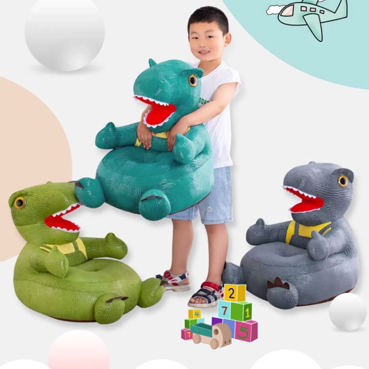 Funda para puf de dinosaurio (sin relleno), lavable a máquina, organizador de almacenamiento de animales de peluche, para niños y niñas, color verde