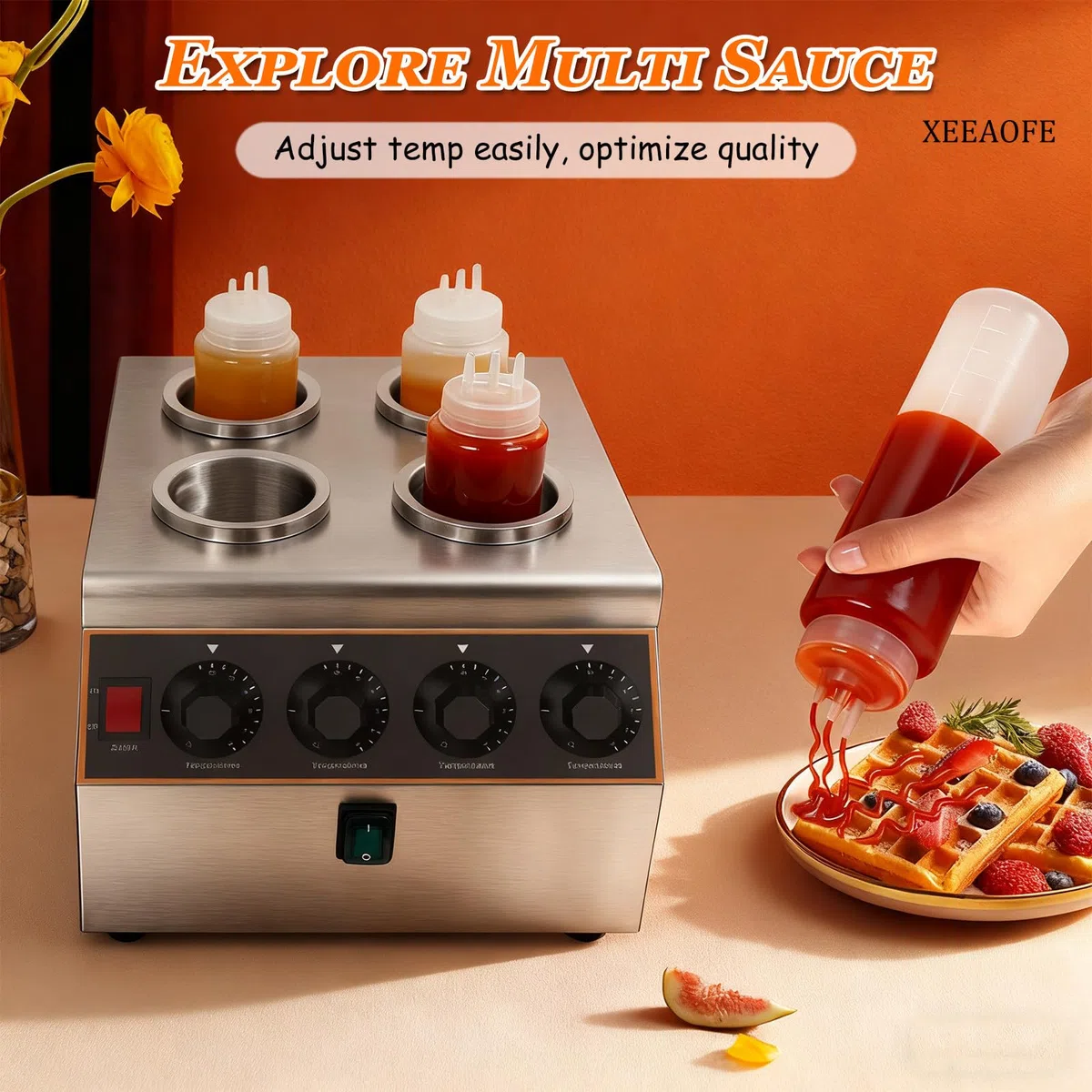 Dispensador de calentador de salsa de encimera, calentador comercial de acero inoxidable para dulce caliente, queso nacho y ketchup con 4 botellas