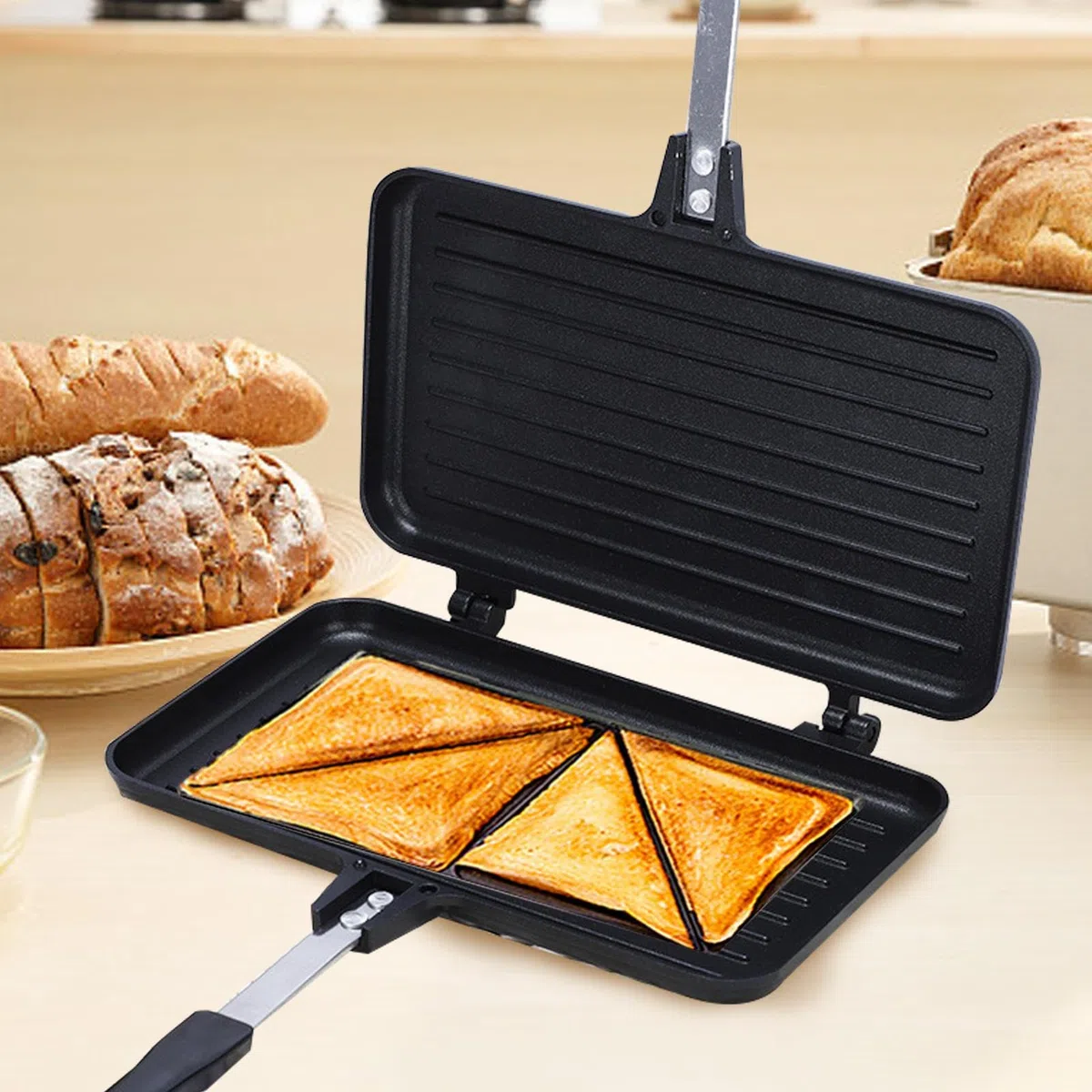 Genérico Sartén para hornear sándwiches, prensa para hacer calientes de doble cara antiadherente, sartenes para sándwches tostados de mano, estufa antiadherente, sartén para parrilla de desayuno pa
