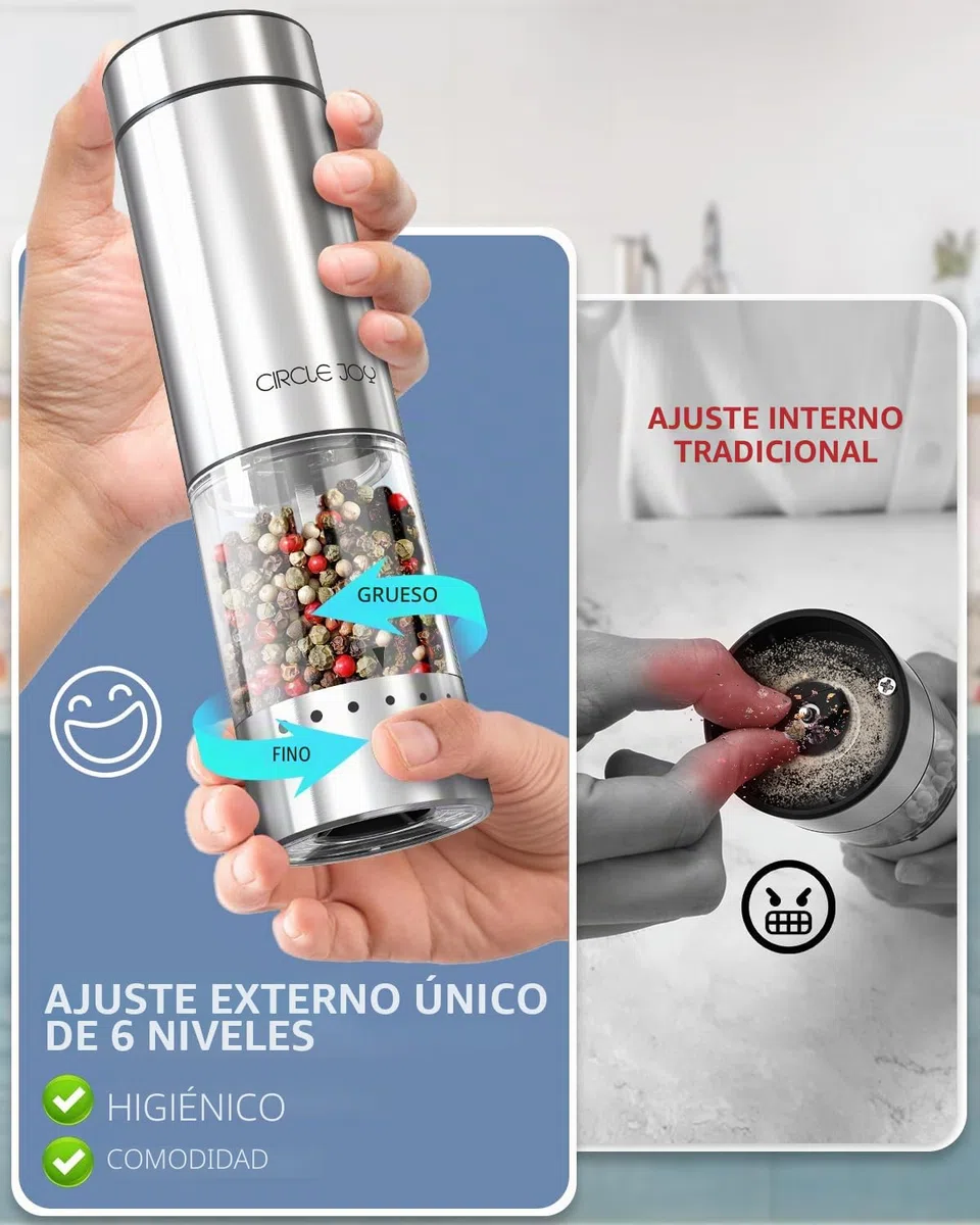 CIRCLE JOY Juego de Molinillos Eléctricos de Pimienta Molinillo de Especias de Acero Inoxidable a Batería con Base, Recipiente Transparente Lavable de 95ml, Luz LED Blanca y Rugosidad Ajustable, Plata