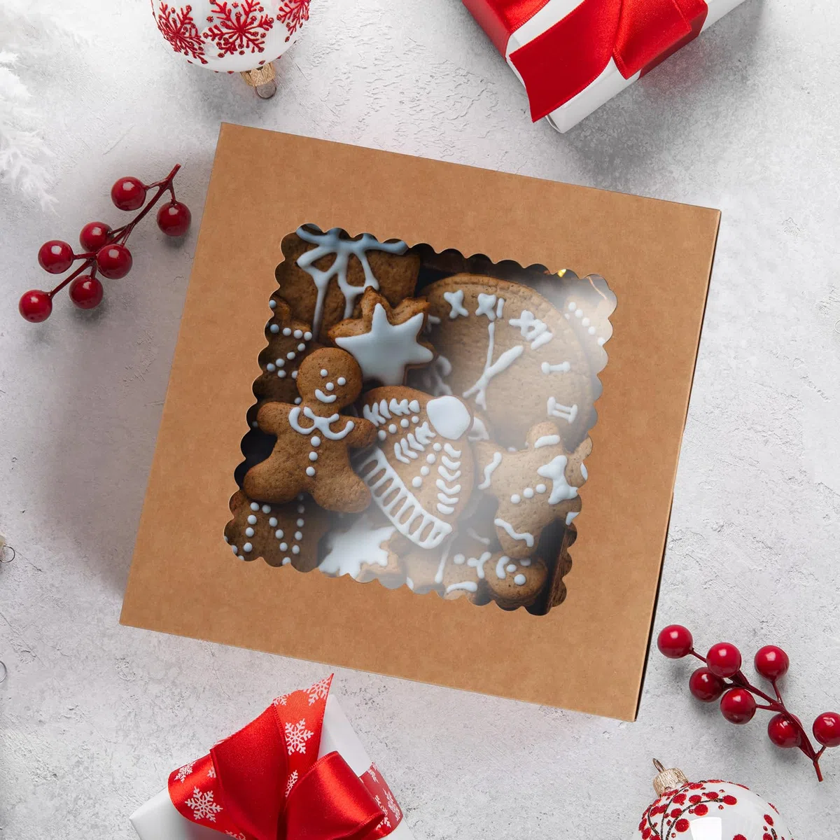 20 Piezas Caja de Reposteria Cartón Kraft, 25,4 x 25,4 x 6,4 cm Caja de Regalo con Ventana para Embalaje de Pastelería, Cupcakes, Tartas, Donuts, Bizcochos, Galletas Navidad