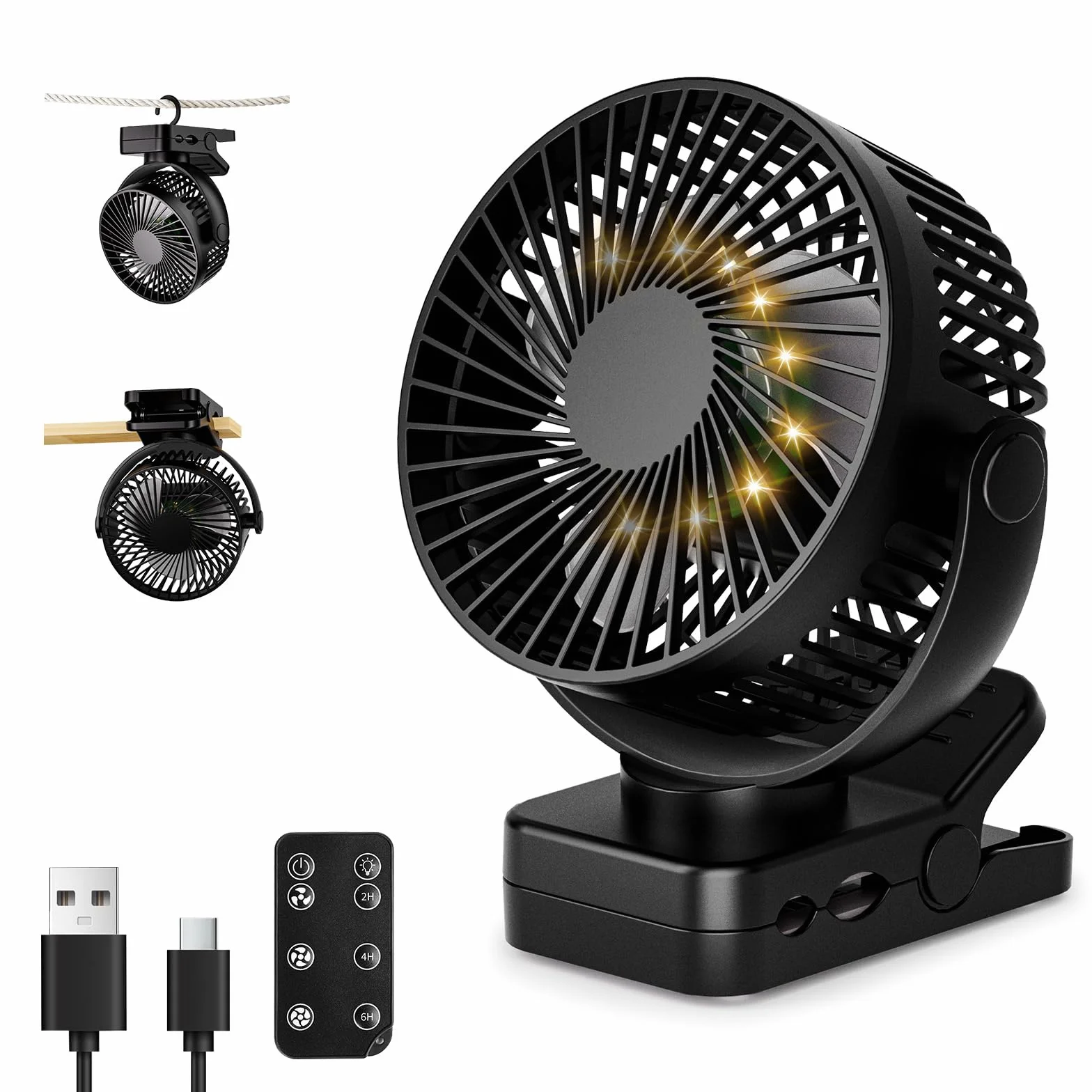 Ventilador Portátil Recargable 12000mAh con Pinza, Mando, 44H, Silencioso, 3 Velocidades, Luz LED, 360°, Temporizador, para Escritorio, Camping, Carro de Bebé y Furgoneta Camper