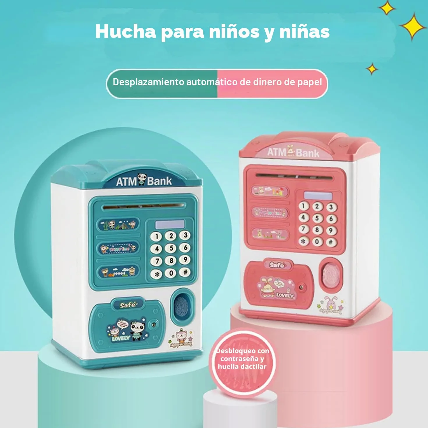 Hucha Infantil Niños, Alcancía con Huellas Dactilares y Bloqueo de Contraseña, Mini Caja Fuerte Electrónica para Cajero Automático Bancos, Juguete de Regalo de Cumpleaños (Azul)