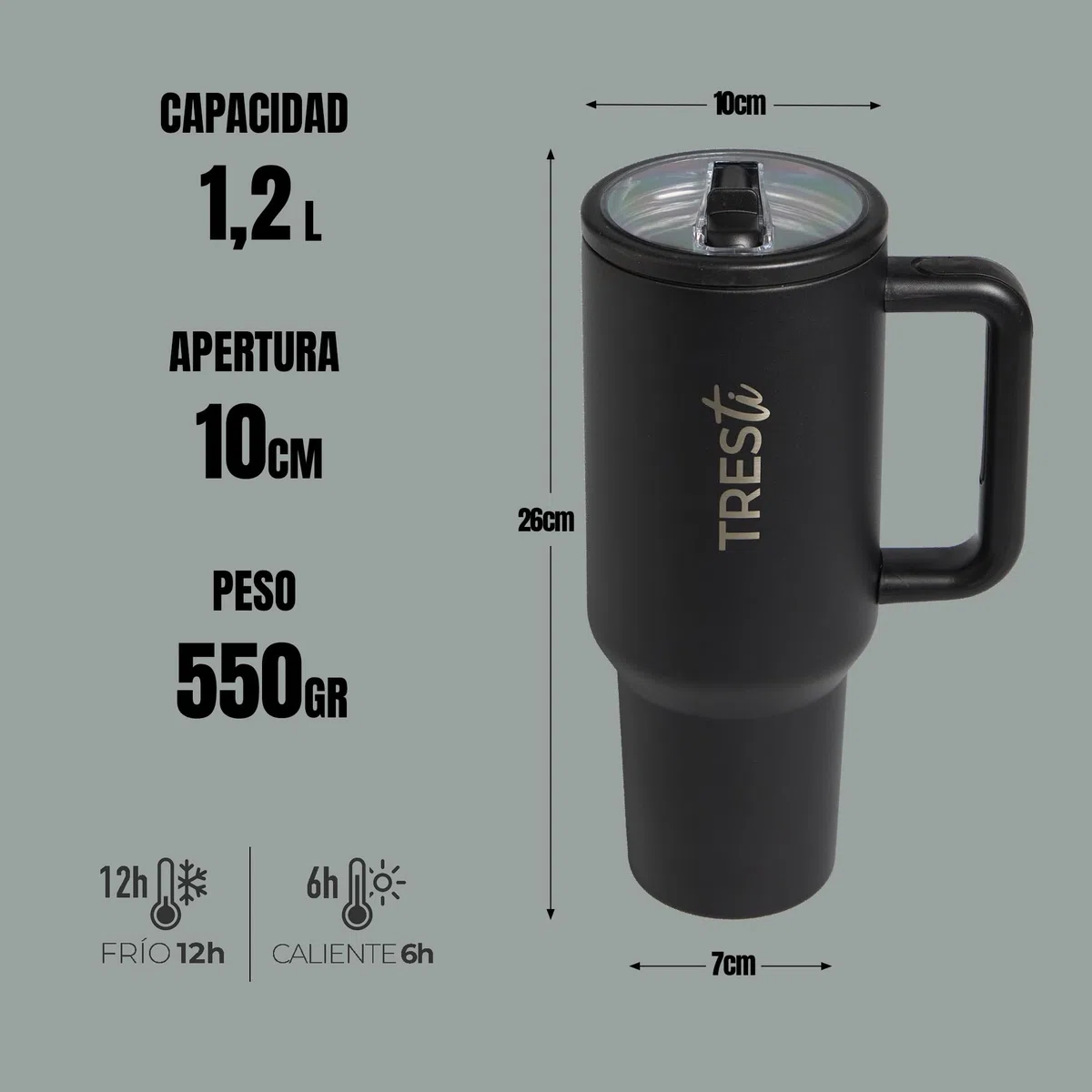 Tumbler Térmico 1,2L (40oz) con Asa y Pajita Abatible - Termo de Acero Inoxidable 100% Antigoteo - Vaso Térmico EcoSostenible - Mantiene Frío 12H y Calor 6H - Negro