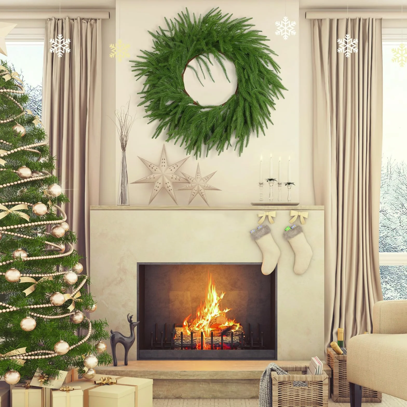 Dremisland 60cm Grande Corona Navidad de Puerta Pino Norfolk Artificial Guirnalda Navideña Decoración Corona de Puerta Delantera para Balcón Adornos de Fiesta