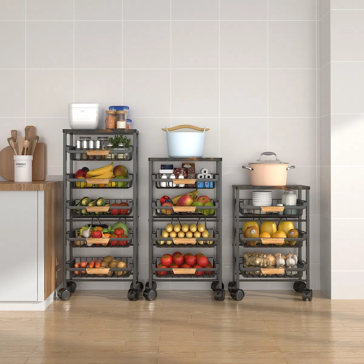 Carrito de 5 niveles con ruedas de alambre de metal para cocina, estantes apilables para almacenar frutas y verduras en el suelo con cajones extraíbles para sala de estar, dormitorio y baño