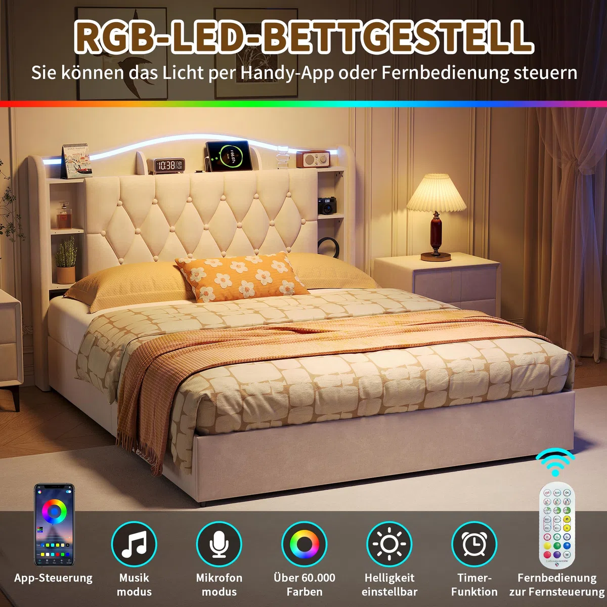 Cama tapizada de 160 x 190 cm con espacio de almacenamiento, cama doble con LED, cama hidráulica con somier, cama con somier, cama juvenil con espacio de almacenamiento y cabecero, para