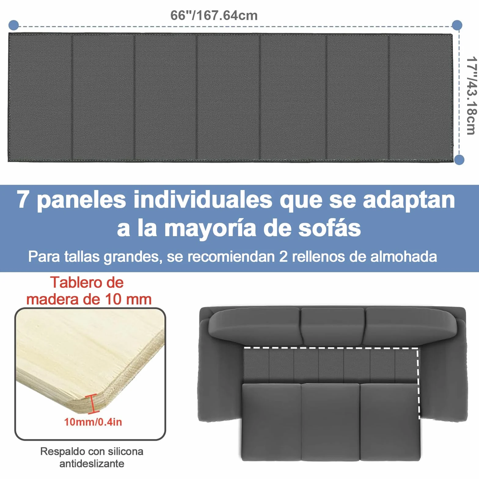 Almohada de Soporte para sofá hundido 167,5x43 cm, Tabla y cojín reparador y Salvador de sofá Plegable con Tela Oxford y tableros de Madera, para la mayoría de sofás de 3 plazas
