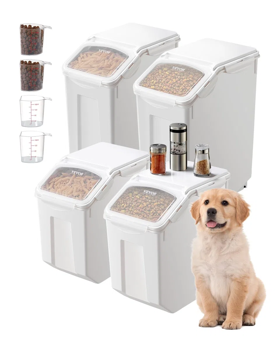VEVOR Contenedor de Almacenamiento de Arroz, 15 L x 2 + 20 L x 2, para Cereales y Granos para Ingredientes de Cocina, para Mascotas con Ruedas, 4 Tazas Medidoras, 365 x 230 x 365 mm ± 10 mm, Blanco