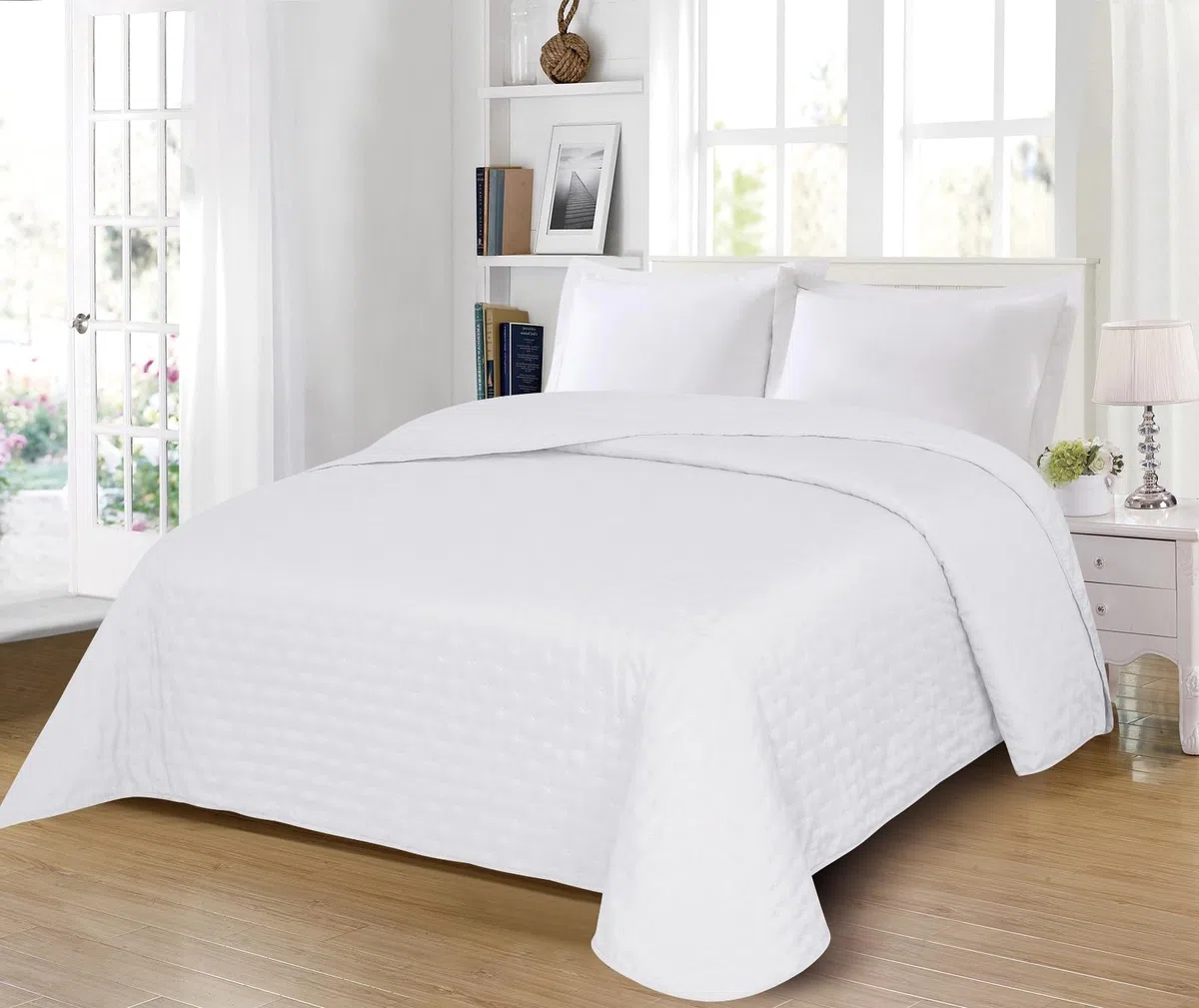 Dmateo Colcha Bouti de Verano Bicolor para Cama de 90 hasta 2M Disponible en 6 Colores Diferentes. Es Ligera, Suave y fresquita. NO Tiene Fundas de cojín. (Blanco, 2M)