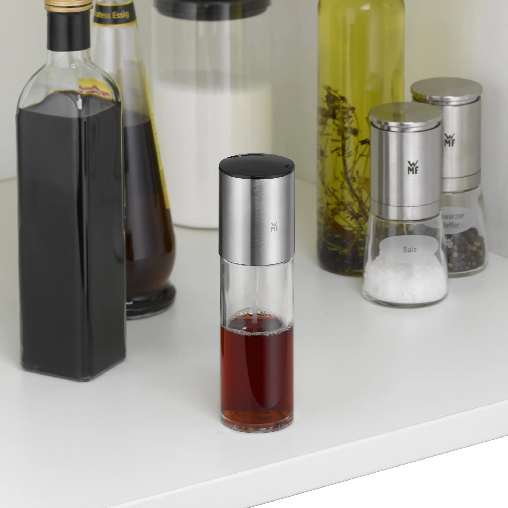 WMF Basic - Pulverizador de aceite y vinagre (125 ml, botella de espray de aceite con recipiente de cristal, acero inoxidable Cromargan mate, apto para lavavajillas)