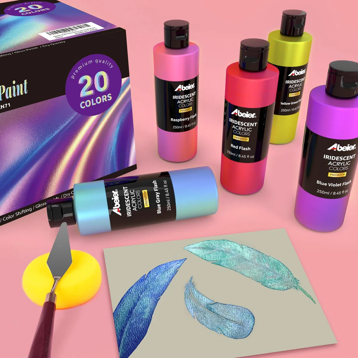ABEIER Pintura acrílica iridiscente a granel, juego de 20 colores camaleón (250 ml/botella), cambio de color, no tóxica, alta viscosidad, pigmentos ricos, mezclable, pintura sobre rocas, manualidades