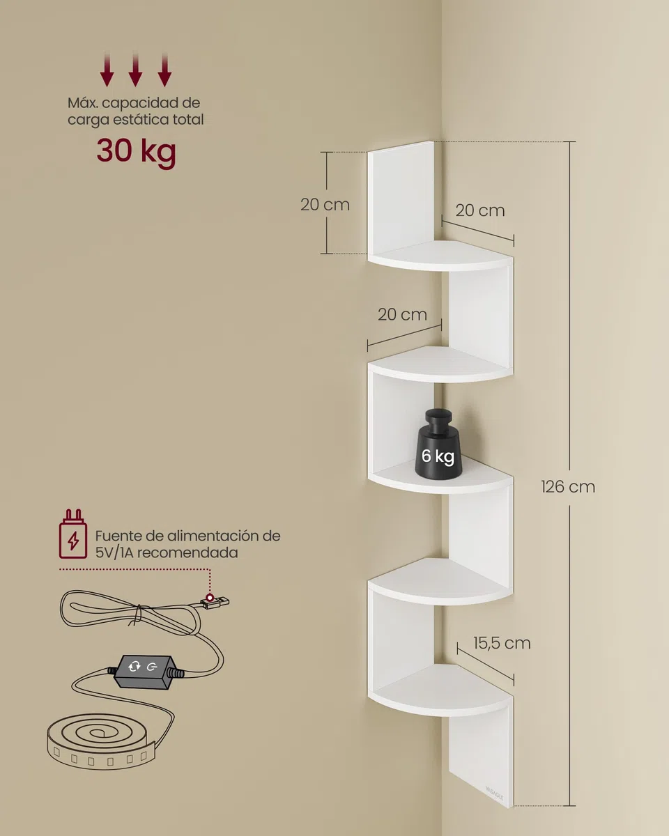VASAGLE Estantería de Esquina de Pared con Iluminación LED, Librería Esquinera de 5 Niveles, Estante Flotante para Dormitorio, Salón, Baño, con Botón y Control Remoto, Blanco Mate LBC630W01