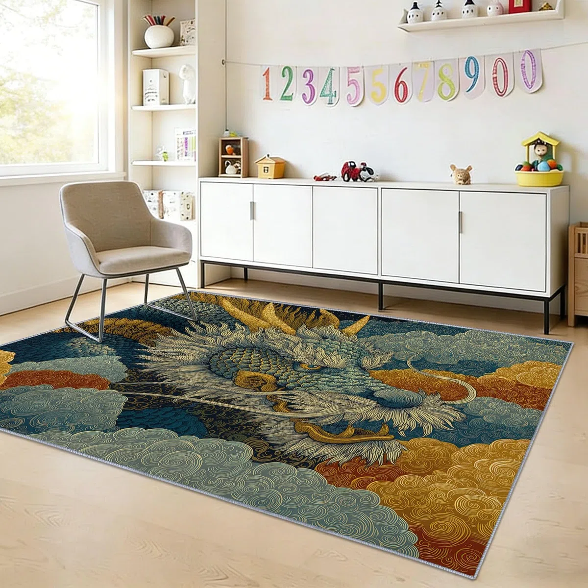 Fantasy - Alfombra de franela con diseño de dragón gigante, 120 x 170 cm, diseño de dibujos animados japoneses, lavable, antideslizante, de pelo corto, para salón, comedor u oficina, fácil de limpiar