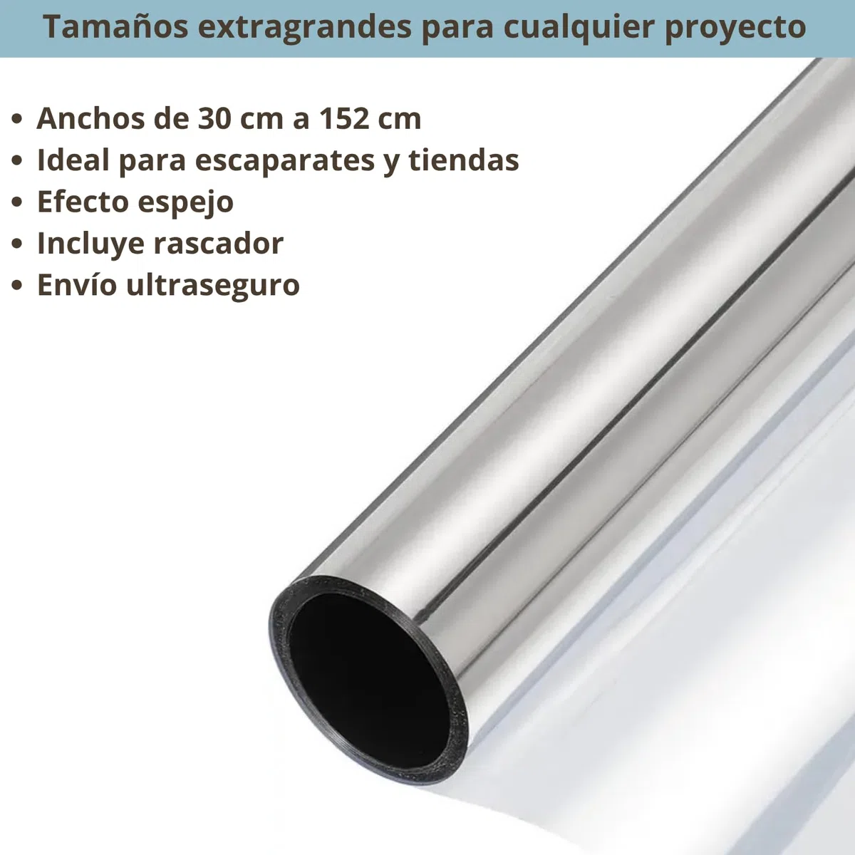 Película para Ventanas de Espejo, TAMBIÉN EN TAMAÑOS Grandes (60 x 200 cm), Unidireccional, Reflectante, Privacidad, Blackout, UV 99%, Regulación de Calor, Vidrio (Plata - con Adhesivo)