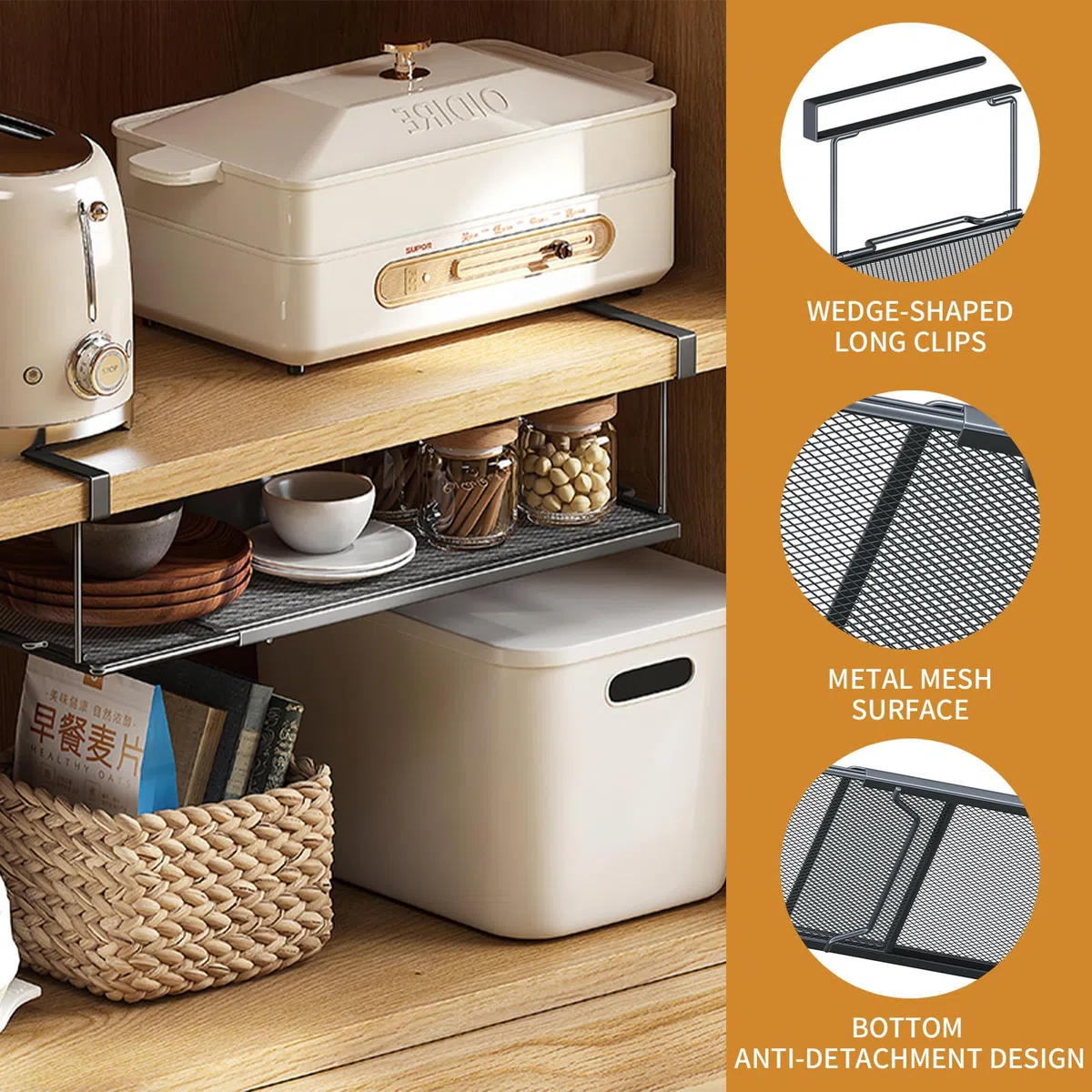 Cesta colgante extensible de metal, estante inferior, cesta de almacenamiento, cesta colgante para estantería, sin agujeros, para cocina, armario, oficina y despensa (negro, estándar)