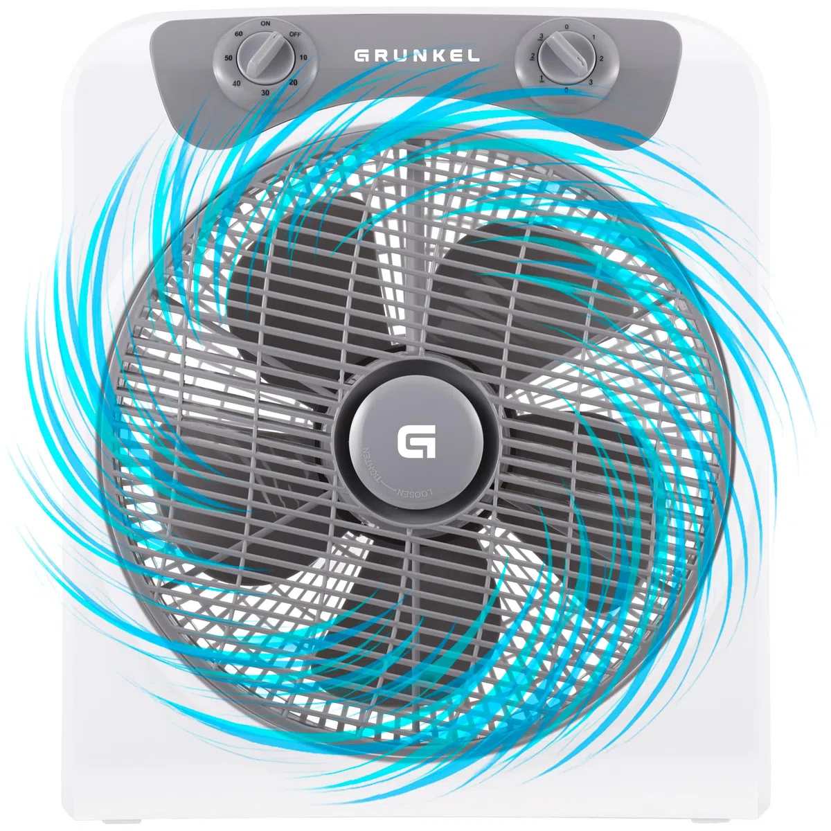 Grunkel - Ventilador de suelo potente y ligero - BOXFAN - Circulador de aire con temporizador de 60 minutos y 3 velocidades. Aspas 30cm de diámetro, función oscilación. - 50W