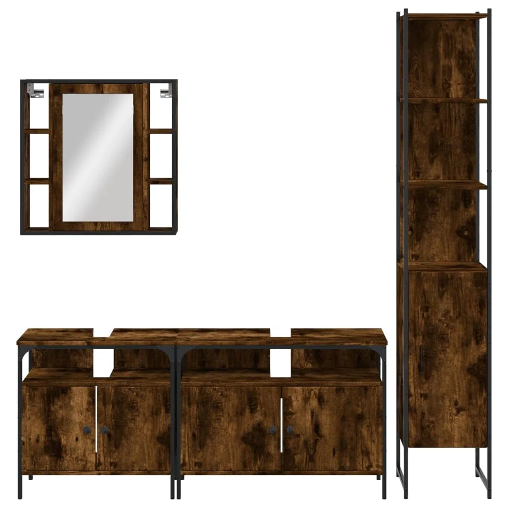 Juego de muebles de baño de madera ahumado de 4 piezas | Acero con recubrimiento en polvo, patas ajustables, espejo con estante, incluye soporte de pared