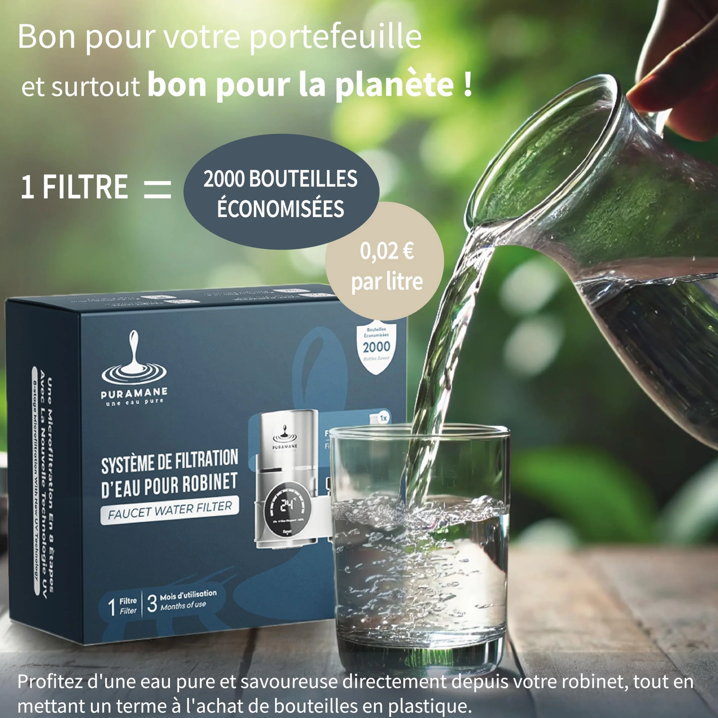 Filtro Agua Puramane (2000 L) – Cartucho de recambio para Filtro Agua Grifo con carbón activado, filtro antical. Reduce micropartículas, metales pesados y cal. Incluye 2 filtros.