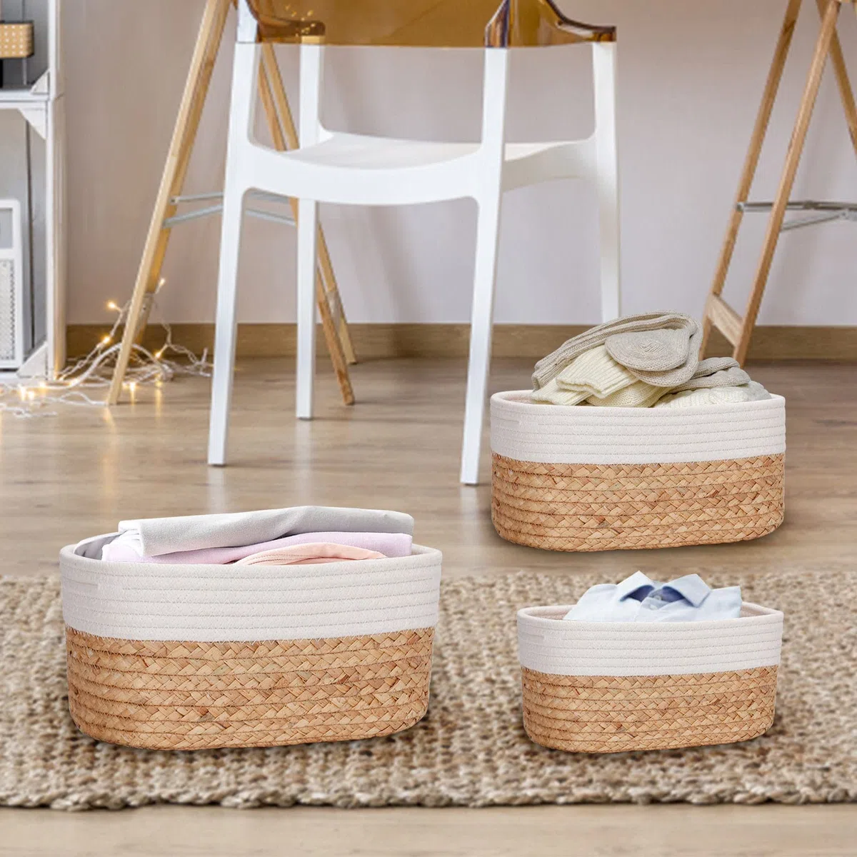 Cesta de almacenamiento, 4 cestas trenzadas, juego de jacinto de agua y algodón, caja organizadora para baño decorativa, baño o dormitorio