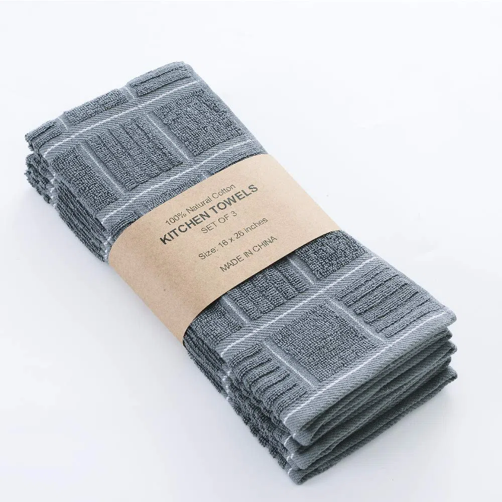 Anyi Paños de Cocina Resistentes y absorbentes con Lazo para Colgar, 100% algodón, Toallas de Bar de té (16 x 26 Pulgadas, Juego de 3, Gris)