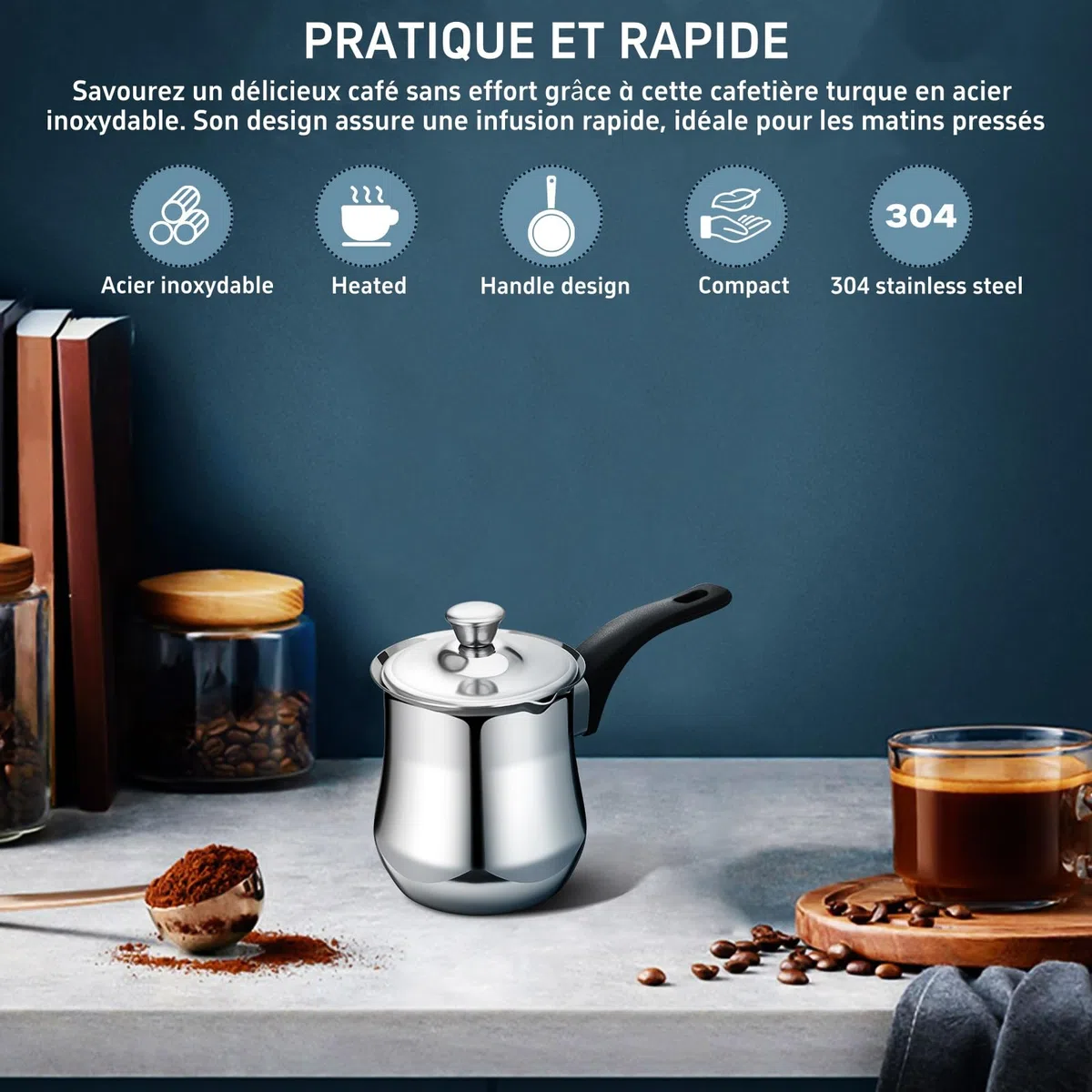 UKCOCO - Cafetera turca de acero con tapa y asa para preparar café té y leche compatible con placas de inducción y Stovetop