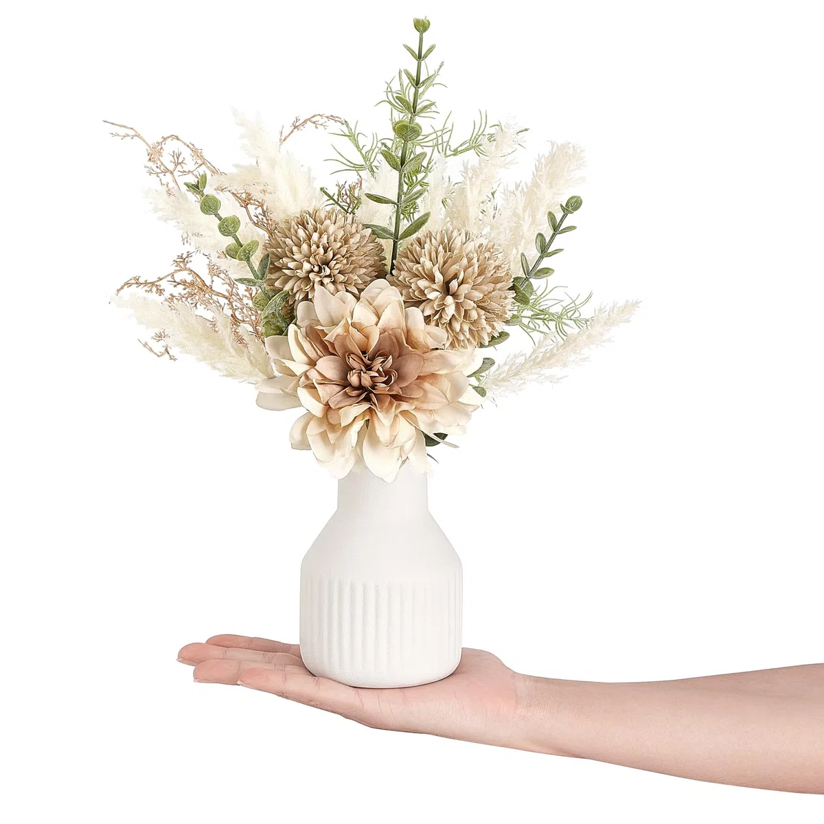 Mkono Pequeñas flores artificiales en jarrón de cerámica de 13.5 pulgadas, decoración de mesa de café, arreglos florales de seda para decoración del hogar, ramo de flores falsas para baño, comedor