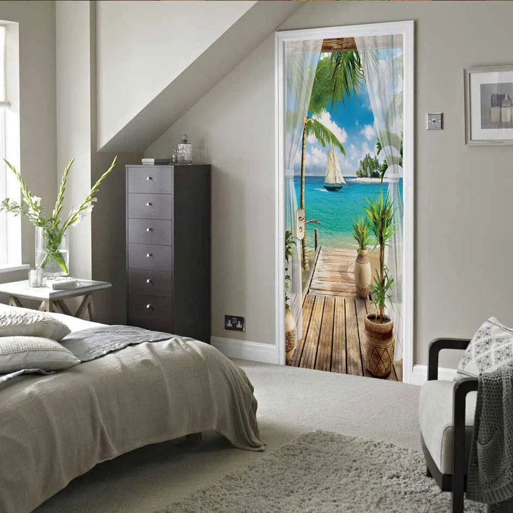 3d Pegatina Puerta Mural Autoadhesivo Con Vista Al Mar DecoracióN Del Hogar Pegatinas De Pared Dormitorio Sala De Estar PóSter ExtraíBle Pegatinas ArtíSticas-Los 77x200cm