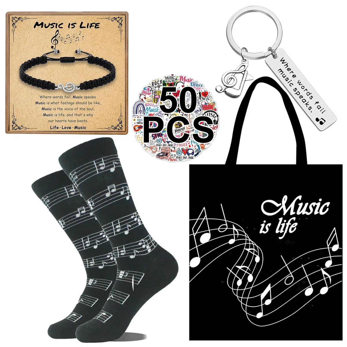Merchandising - Juego de 5 bolsas de mano, pulseras, llaveros, calcetines y 50 calcomanías, accesorios musicales para músicos