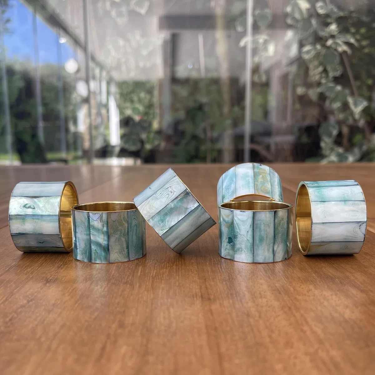 Servilleteros Dorados de Nácar Natural Azul Verdoso - Anillos para Servilletas Elegantes para Mesa Comedor Cocina - Servilleteros Decorativos Modernos (6)