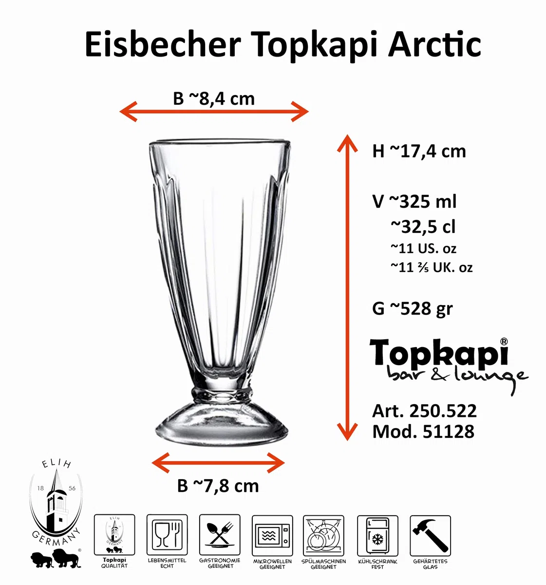 Topkapi 51128 Arctic - Juego de 6 vasos de helado, helado, batido de leche, frappe, 300 ml