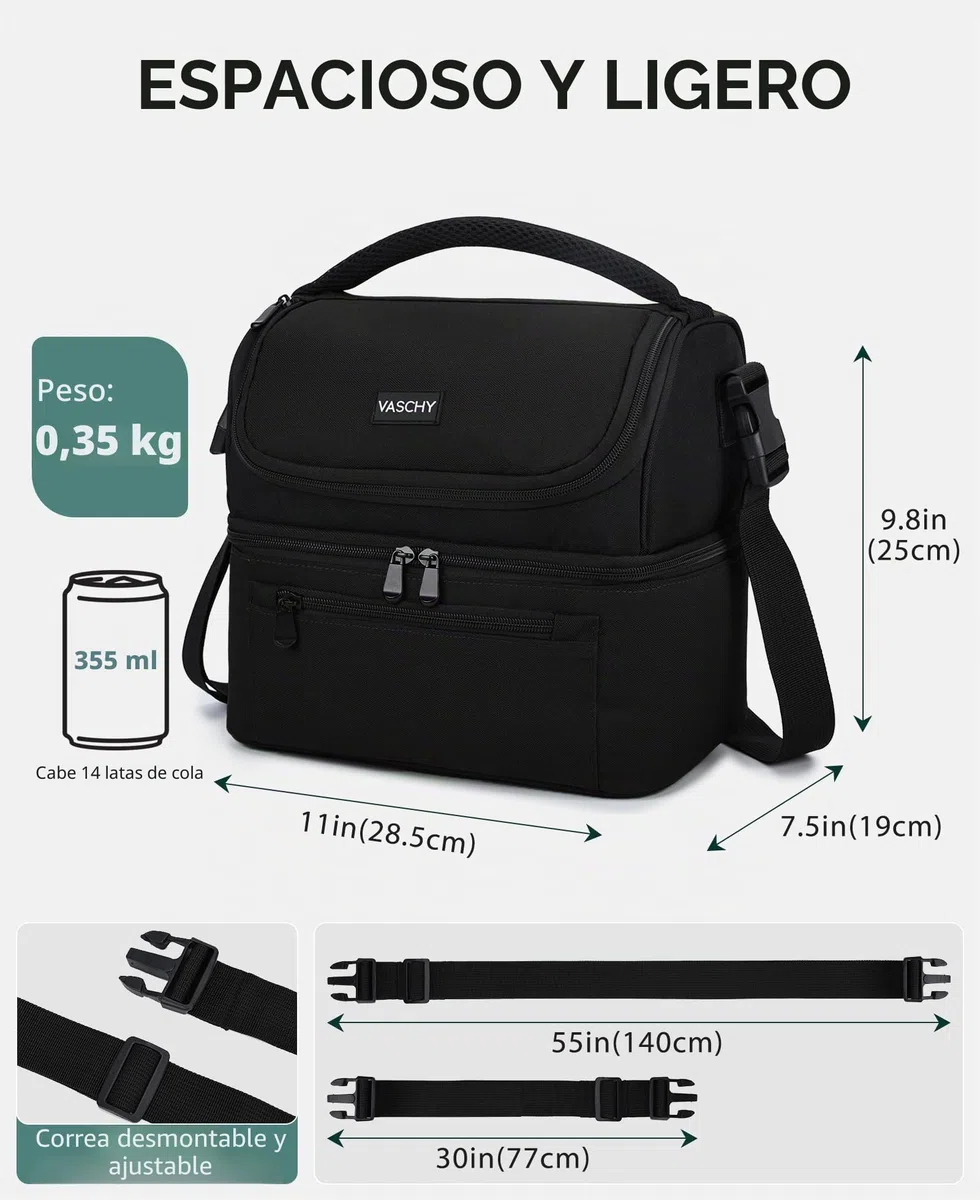 VASCHY Bolsa Térmica Porta Alimentos, Bolsa Comida Trabajo Bolsa Almuerzo Bolsa Isotermica Nevera Portatil con Dos Compartimentos y Correa Ajustable para Picnics, Playa, Camping, 13,4 L, Negro