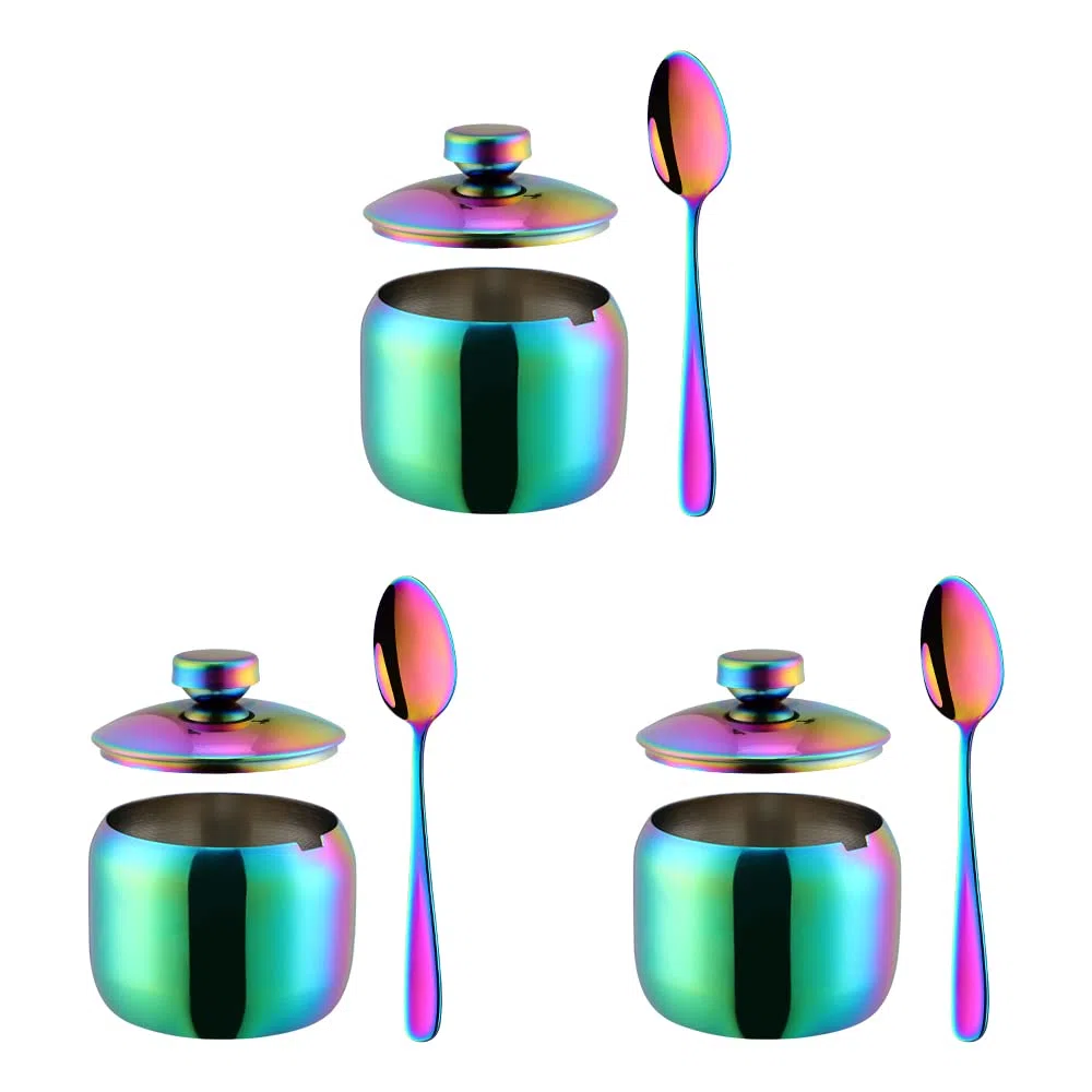 Juego de salero y pimentero de acero inoxidable, dispensador de sal y pimienta, 2 piezas para cocina (Rainbow-tres)
