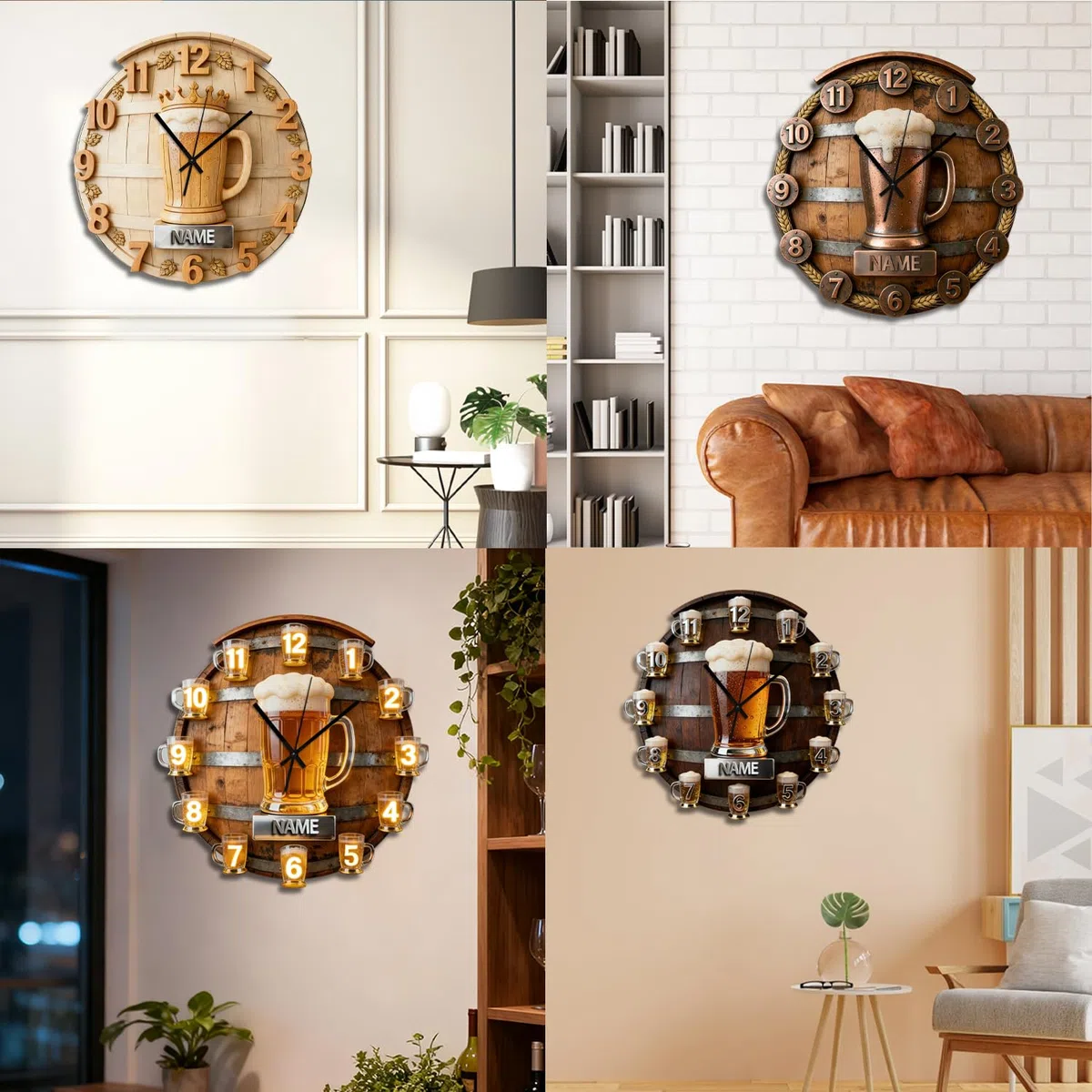 Reloj de pared personalizado con temática de cerveza para dormitorio, sala de estar, oficina, bar, club, nombre personalizado, Cheers, jarra de cerveza, arte de pared, impresión plana 2D, decoración
