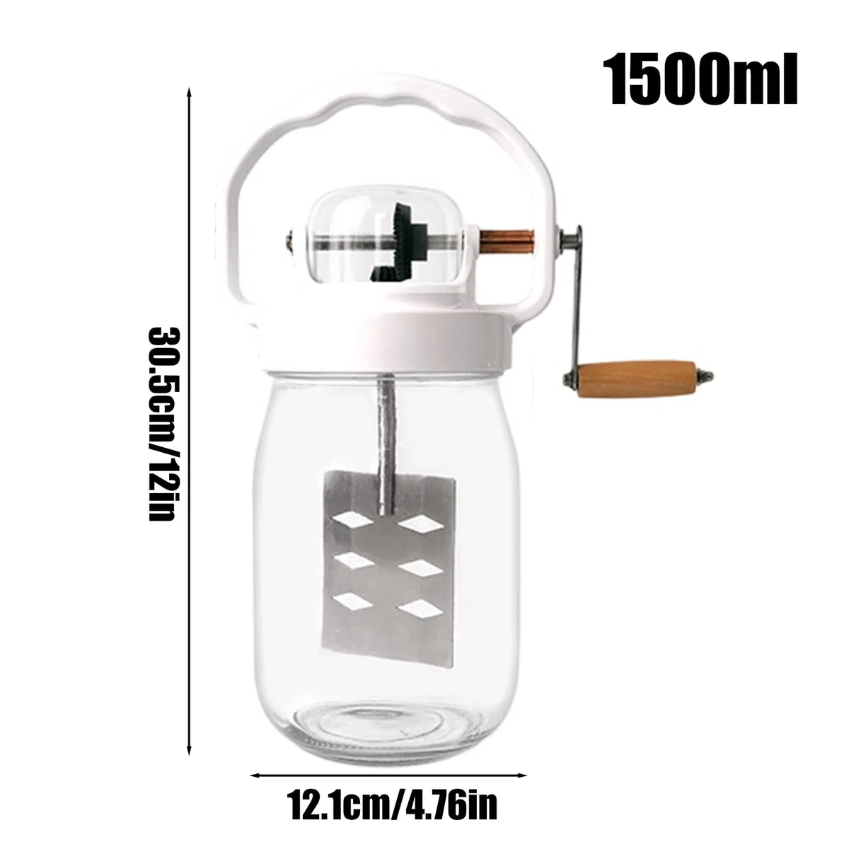 Batidora de Manivela 1500 ml batidora manual de cocina para mantequilla | con Frasco de Vidrio y Varillas Mezcladoras Manuales para Repostería, Cocina, Niños, Harina, Alimentos, Mermelada,