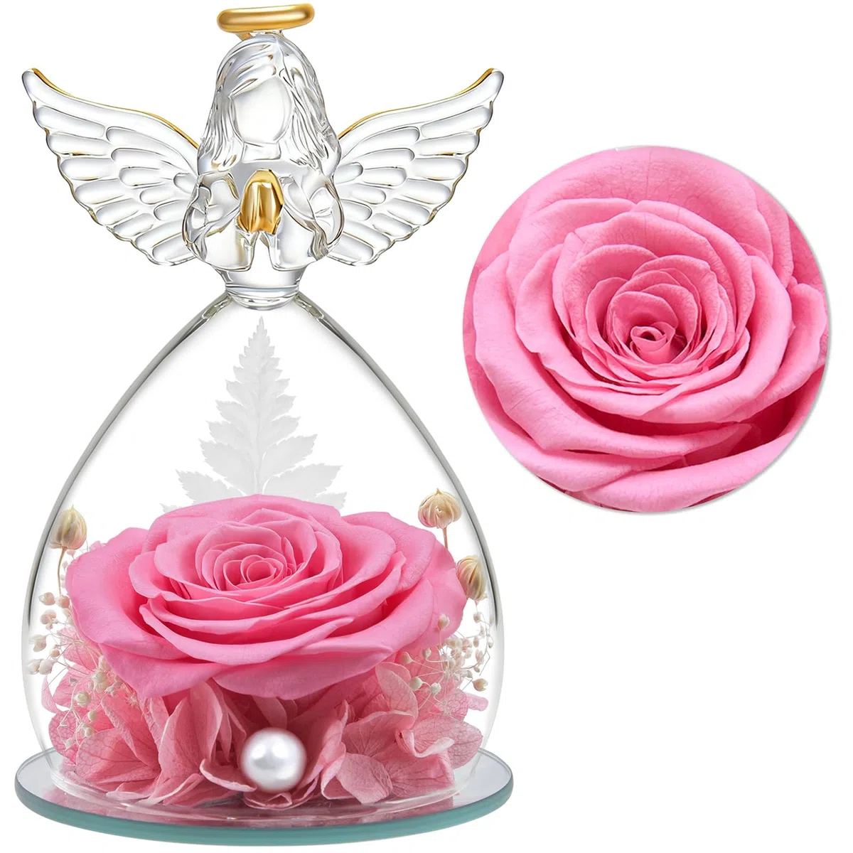 Regalos Navidad de Angel para Mamá Ella, Rosa Eterna en Cúpula de Cristal de Angel, Flores Preservadas Regalos Navidad Mama Abuela San Valentín Dia De la Madre Aniversario Pareja