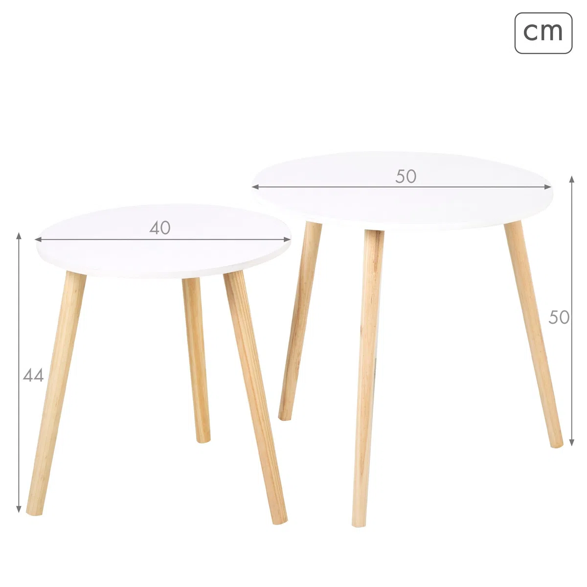 AKTIVE MAX Home Set de 2 mesas auxiliares, D40x44 cm y D50x50 cm, Peso máximo soportado 5kg, Nido, Blancas, Patas de Madera Natural, para salón, Comedor, Oficina (18510)