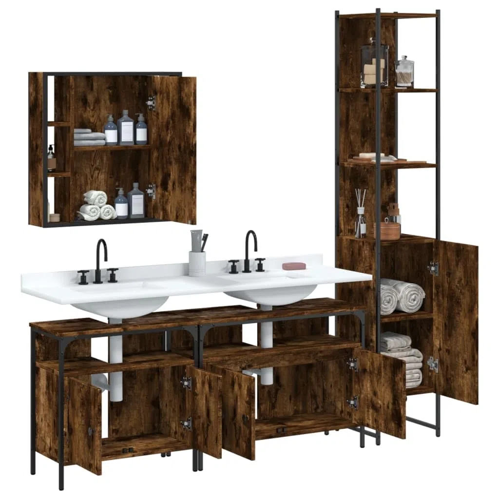 Juego de muebles de baño de madera ahumado de 4 piezas | Acero con recubrimiento en polvo, patas ajustables, espejo con estante, incluye soporte de pared