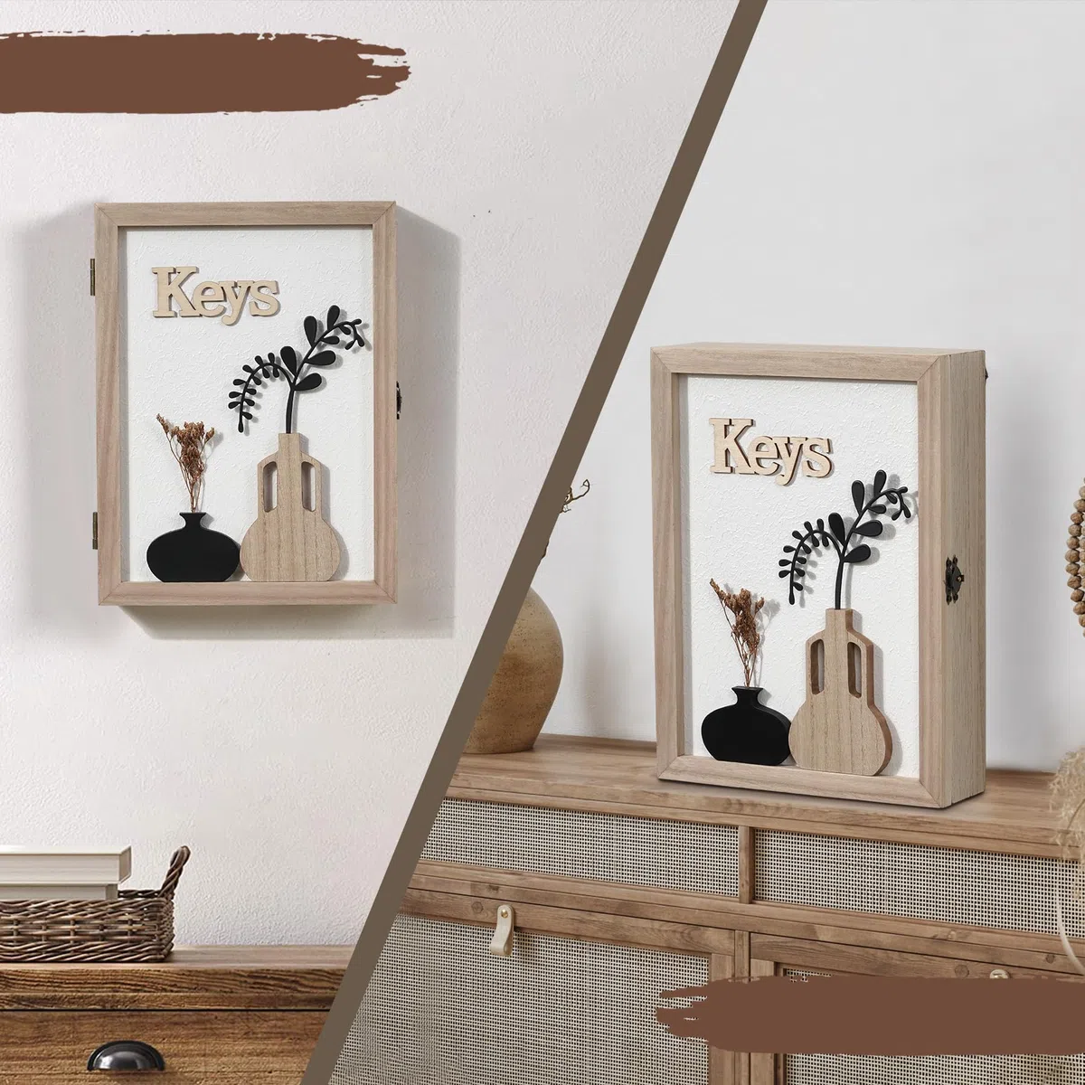 Caja para llaves de madera con jarrón 3D y flores secas, 6 ganchos para llaves, organizador de pared para entrada, pasillo, oficina, color blanco