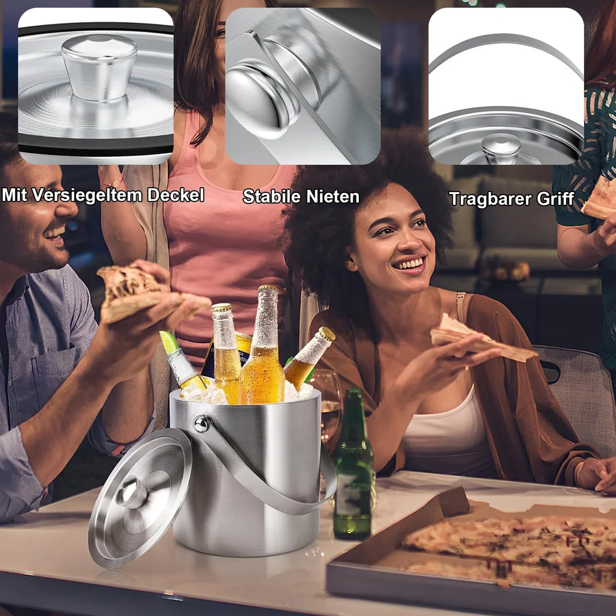 Cubitera, Cubitera Redonda con Tamiz y Pinzas Para Hielo, Cubo para Hielo con Doble Pared y Aislamiento de 3 Litros, Cubitera con Cuchara, Enfriador de Cubitos de Hielo, para Enfriar Cerveza