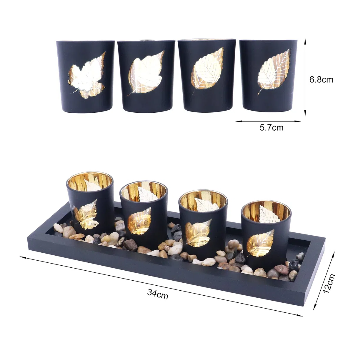 Juego de 4 portavelas de cristal, piedras naturales y bandeja de madera para decoración de mesa (hojas)
