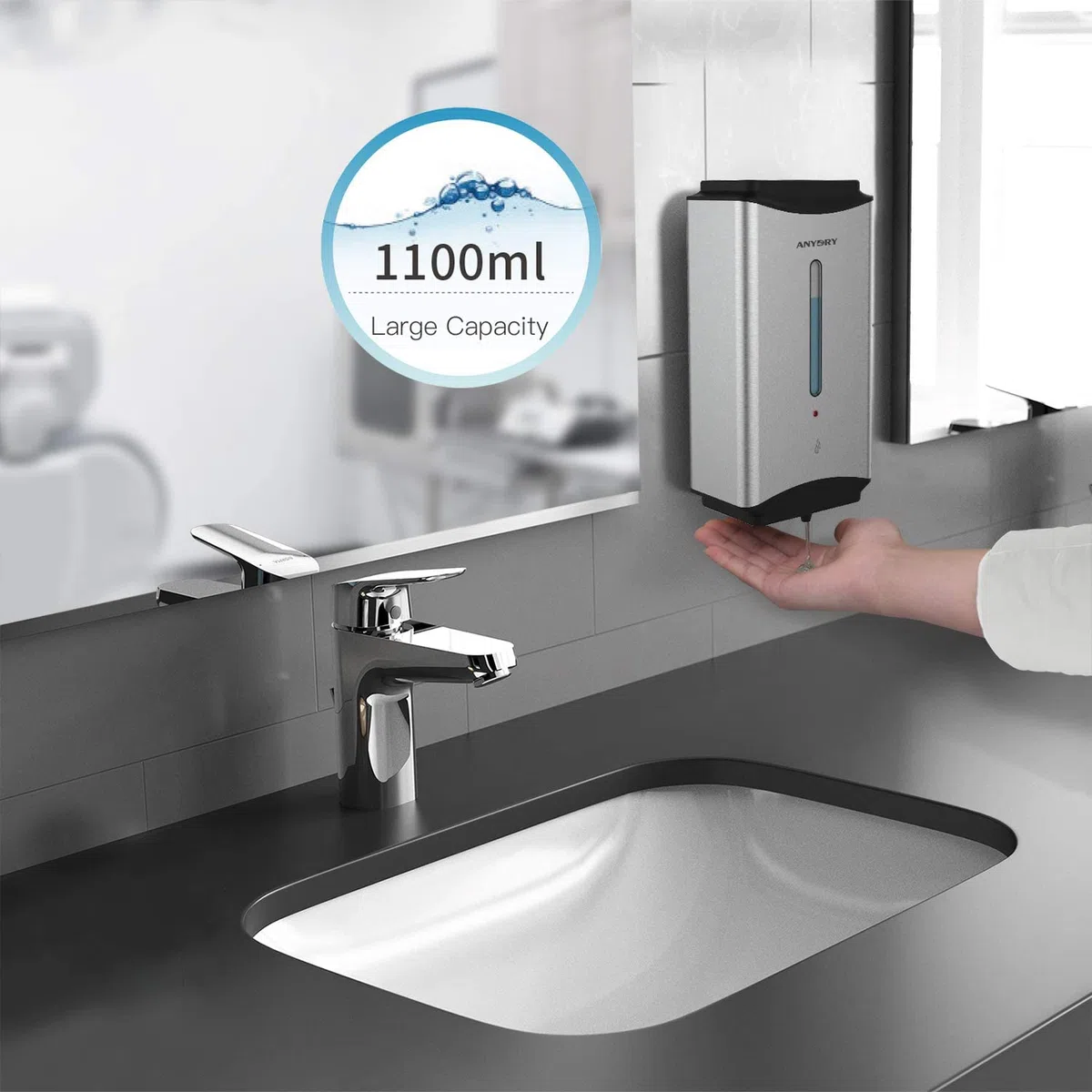 anydry AD1206 Kommerzielle Wandhalterung Automatischer Flüssigseifenspender Edelstahl-Finish 1100ml Großes Fassungsvermögen (Gebürsteter Edelstahl)