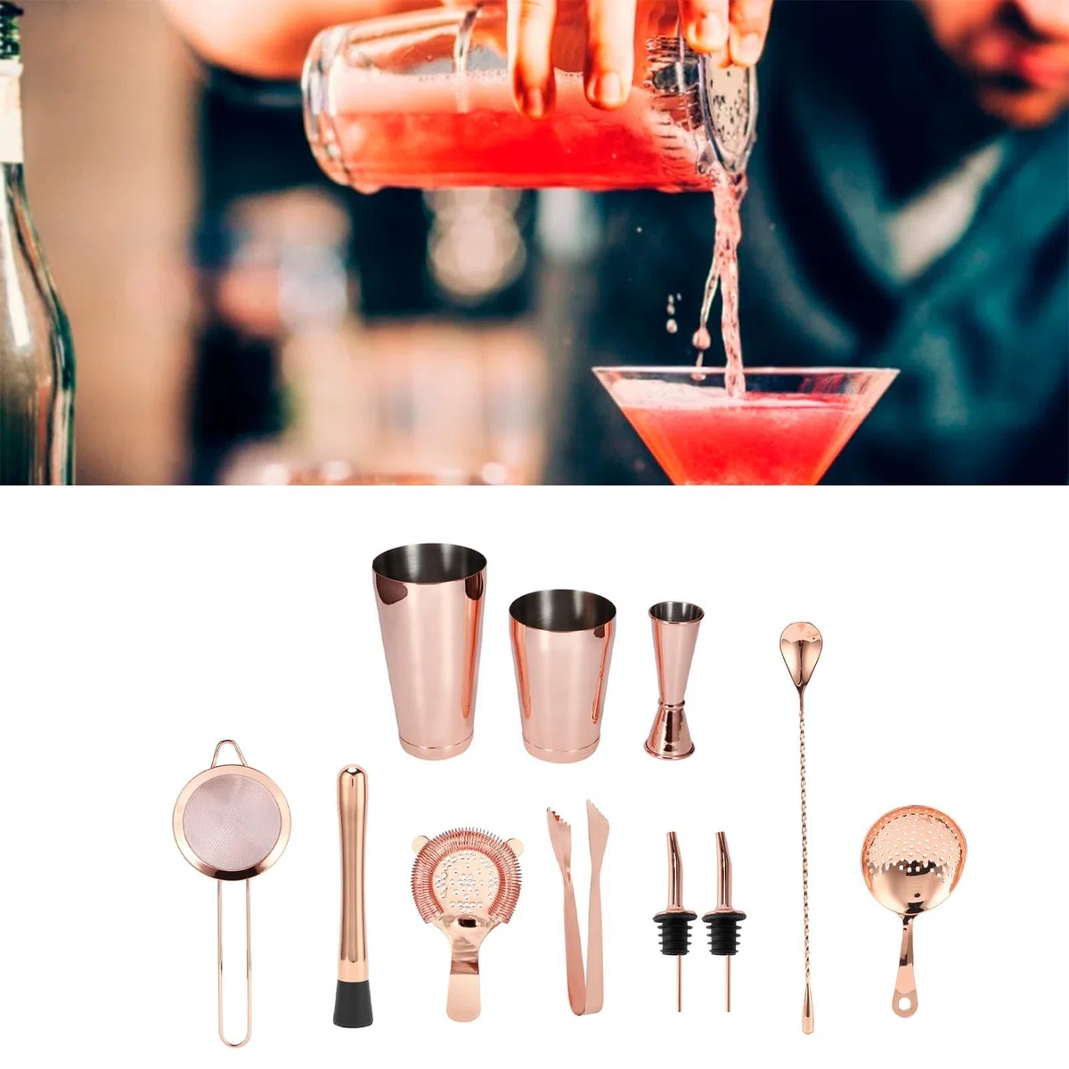 Juego de 11 cocteleras artesanales de acero inoxidable para barman, colador de cócteles, accesorios para fiestas en casa y barman (oro)