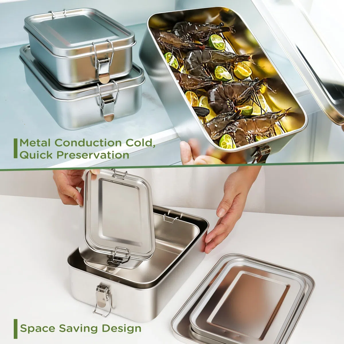 Juego de 3 cajas bento de acero inoxidable 304, con fiambrera de acero inoxidable en los volúmenes de 2400 ml, 1400 ml y 850 ml, fiambrera de acero inoxidable para sopa, ensalada y comidas