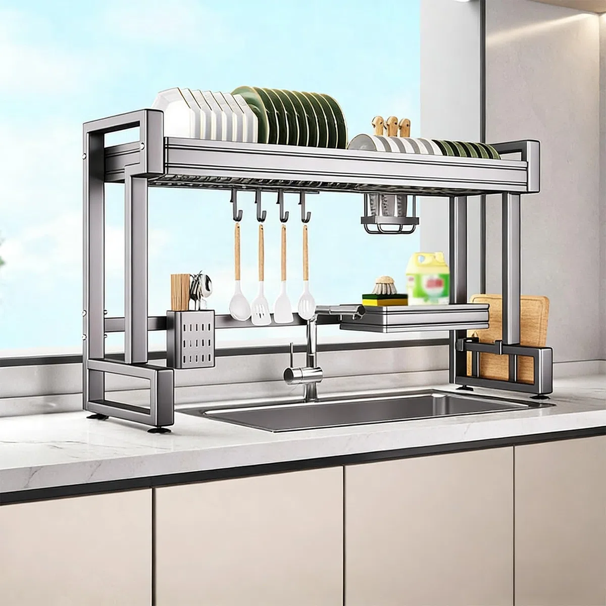 Escurridor de platos multifuncional de acero inoxidable para colgar platos, ahorro de espacio para cocina, platos, vasos, cubiertos