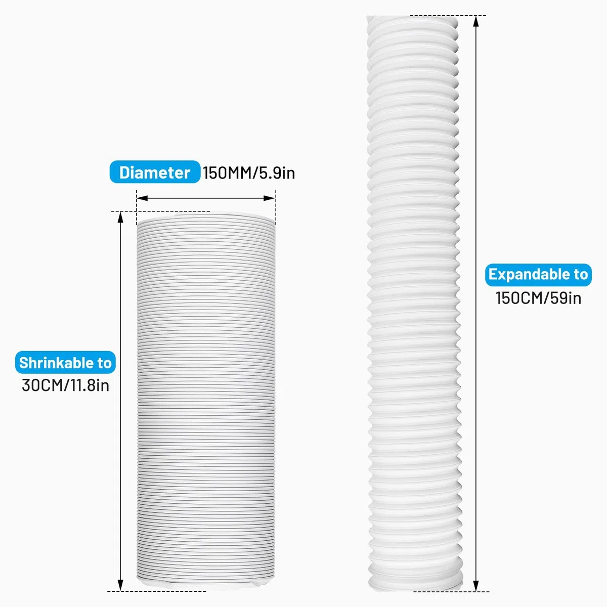 Manguera flexible de aire acondicionado Manguera de aire acondicionado con 1,5M de longitud, 150mm para aire acondicionado, campana extractora, secadora, deshumidificador