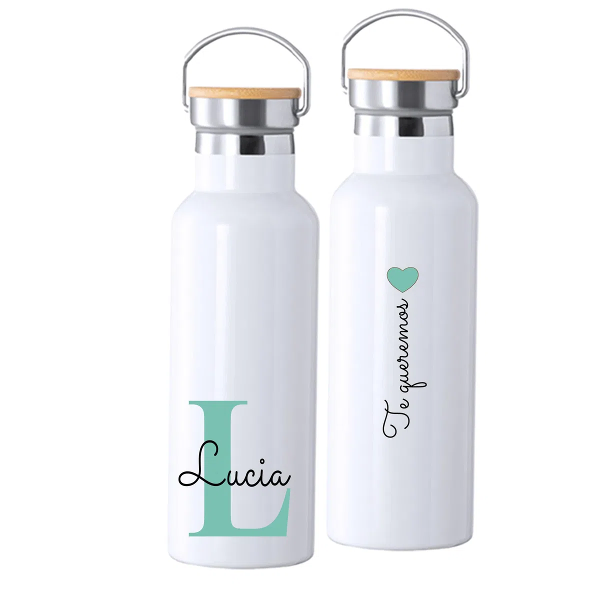 Pack Personalizado con DEDICATORIA Y NOMBRE eh Botella Térmica 500ml y Bolsa de Tela, Diseño con Inicial, Botella Personalizada, regalo profesores
